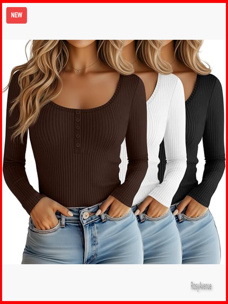 3-Pack Ribbed Cotton Henley Shirts Long Sleeve Slim Fit Tunic Tees